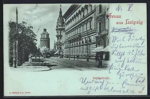Mondschein-AK Leipzig, Schillerstrasse mit Strassenbahn