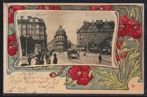 Künstler-AK München, Partie am Karlsplatz mit Strassenbahn, Mohnblumen