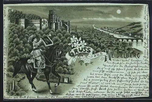 Mondschein-Lithographie Heidelberg, Teilansicht mit Burg und Trompeter zu Pferde