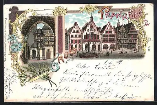 Lithographie Alt-Frankfurt, Römer mit neuer Facade, Spindeltreppe im Römer