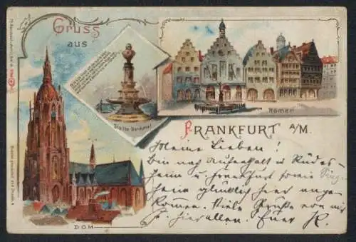 Lithographie Alt-Frankfurt, Dom, Römer & Stoltze-Denkmal