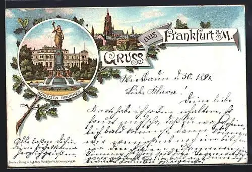 Lithographie Frankfurt-Ostend, Ortspartie mit Kirche, Schützen-Brunnen