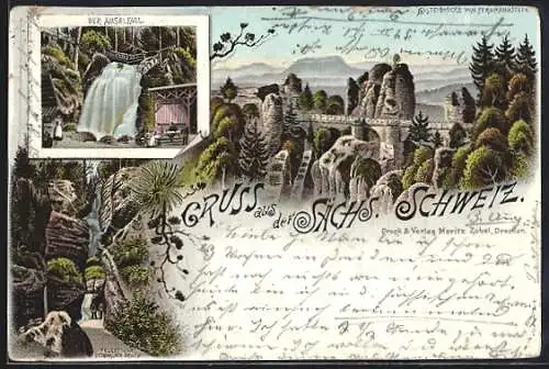 Vorläufer-AK Bastei /Sächs. Schweiz, 1894, Basteibrücke vom Ferdinandstein, Amselfall