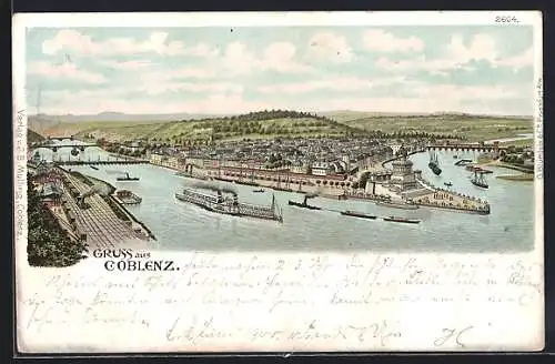 Lithographie Coblenz, Panorama am Deutschen Eck