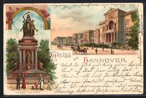 Lithographie Hannover, Am Schiffgraben und Krieger-Denkmal