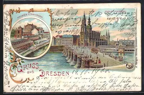 Lithographie Dresden, Augustusbrücke und Helbigs Etablissement