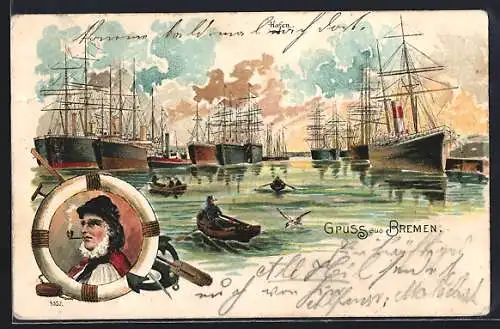 Lithographie Bremen, Hafenpartie, alter Seeman mit Mütze und Tabakpfeife