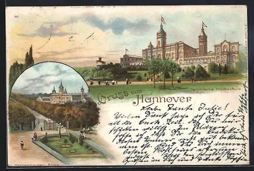 Lithographie Hannover, Technische Hochschule, Herrenhäuser Allee, Reklamezudruck Deutschland-Fahrräder