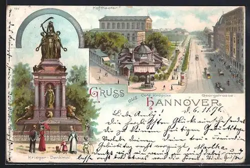 Lithographie Hannover, Kriegerdenkmal, Café Kröpcke und Georgstrasse