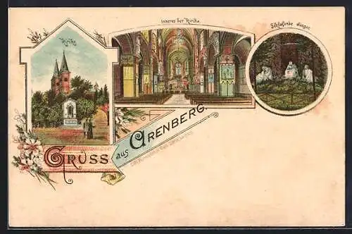 Lithographie Arenberg, Innen- und Aussenansicht der Kirche, Schlafende Jünger
