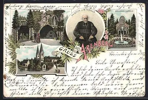 Lithographie Arenberg, Grotte v.Lourdes, Erlöser-Kapelle, Pastor J.B. Kraus, 4 Ansichten, Blumenverzierung