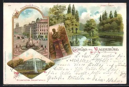 Künstler-AK Magdeburg, am Insel-Teich, Hasselbach-Brunnen, Friesen-Denkmal