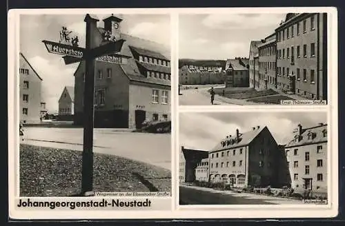 AK Johanngeorgenstadt-Neustadt, Wegweiser an der Eibenstocker Strasse, Ernst-Thälmann-Strasse, Stalinstrasse