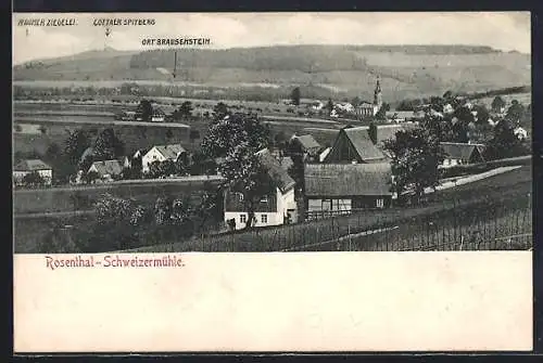 AK Rosenthal-Schweizermühle, Teilansicht mit Raumer Ziegelei, Cottaer Spitberg und Ort Brausenstein