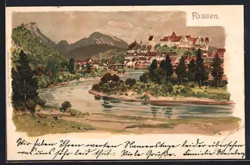 Lithographie Füssen, Uferpartie mit Bergen