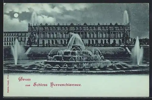 Mondschein-AK Herrenchiemsee, Schloss Herrenchiemsee