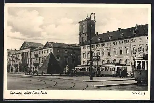 AK Karlsruhe, Platz mit Städtischer Sparkasse und Strassenbahn