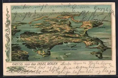 Lithographie Rügen, Gesamtansicht mit Insel Hiddensöe, Arcona
