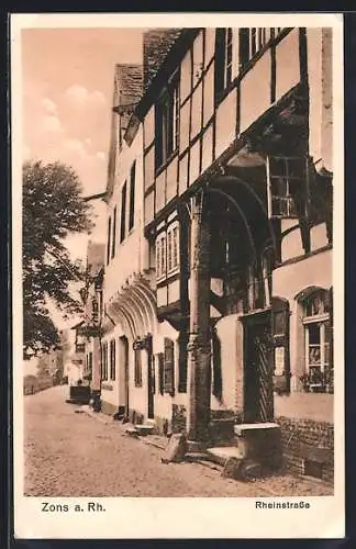 AK Zons a. Rh., Rheinstrasse mit Fachwerkhaus