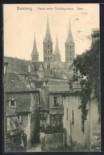 AK Bamberg, Partie am Teufelsgraben mit Blick zum Dom