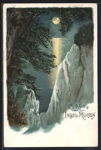 Lithographie Rügen, Königstuhl im Vollmondlicht
