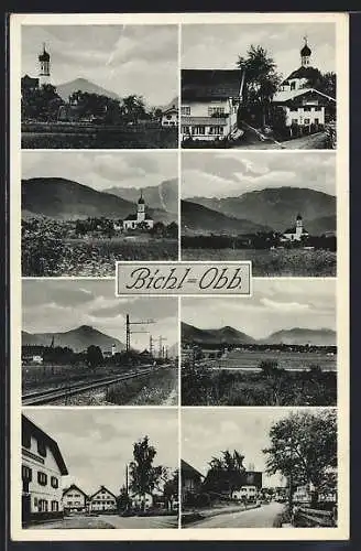 AK Bichl, Totalansicht mit Kirche, Ortspartie, Eisenbahnschienen