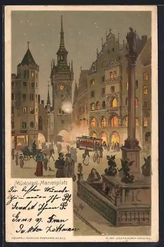 Lithographie München, Marienplatz mit Strassenbahn bei Nacht