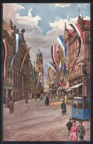 Künstler-AK München, Theatinerstrasse im Flaggenschmuck
