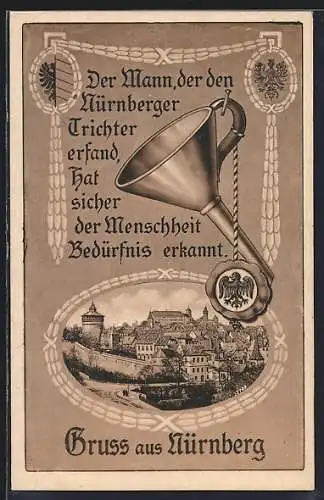 AK Nürnberg, Teilansicht mit Burg, Der Mann der den Nürnberger Trichter erfand...