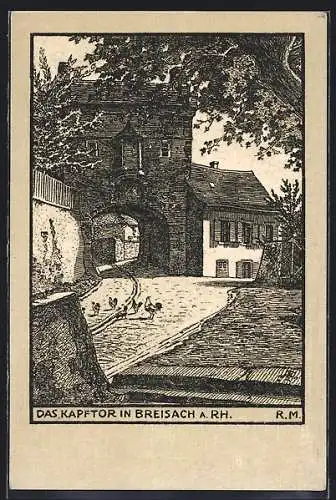Künstler-AK Breisach a. Rh., Strassenpartie am Krafttor mit Hühnern