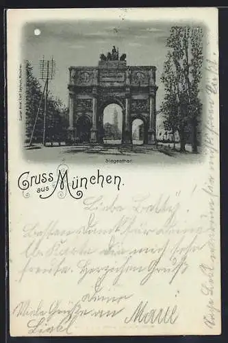 Mondschein-AK München, Siegestor mit Strassenpartie