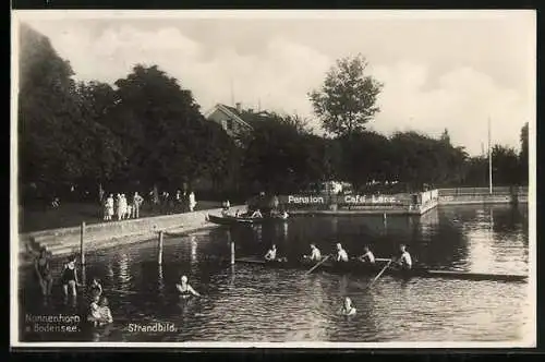 AK Nonnenhorn a. Bodensee, Partie am Strand mit Pension und Café Lanz