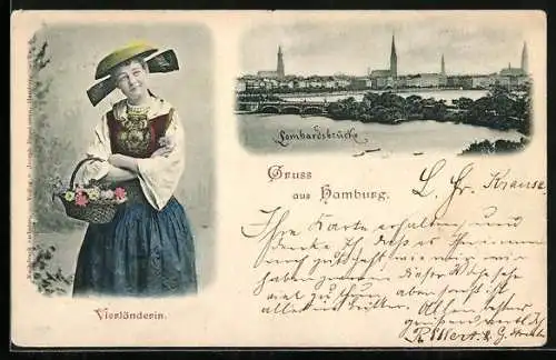 AK Hamburg-Neustadt, Frau in Tracht, Flusspartie mit Lombardsbrücke