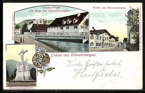 AK Oberammergau, Kreuzigungsgruppe, Schauspielhaus, Strassenansicht