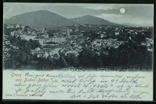 Mondschein-AK Baden-Baden, Ortsansicht bei Nacht