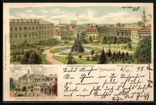 Lithographie Erlangen, Universitäts-Bibliothek, Orangerie, Hugenotten-Brunnen