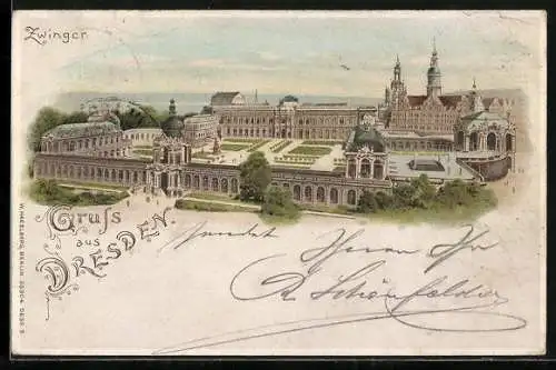 Lithographie Dresden, Der Zwinger aus der Vogelschau