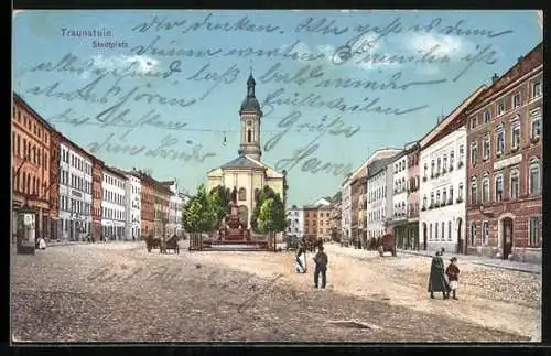 AK Traunstein, Stadtplatz mit Kirche