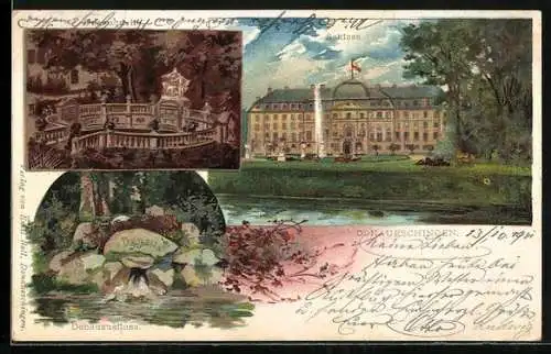 Lithographie Donaueschingen, Ansicht vom Schloss, Donauquelle