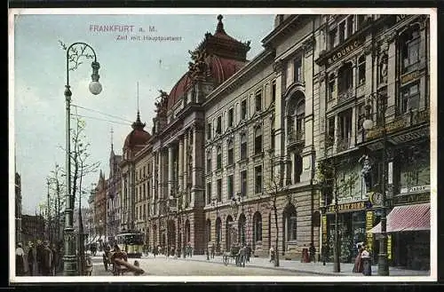 AK Frankfurt /Main, Zeil mit Hauptpostamt, Flügel & Pianogeschäft, Strassenbahn