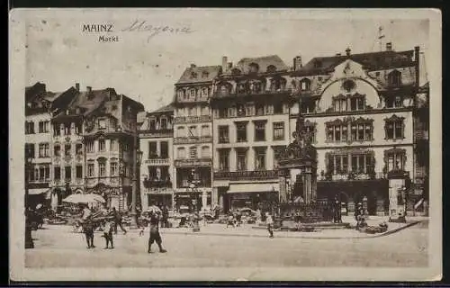 AK Mainz, Marktplatz mit Brunnen