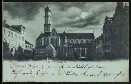Mondschein-AK Augsburg, St. Ulrichkirche mit Umgebung