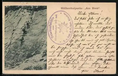 AK Partenkirchen, Höllentalpartie Am Brett, Bergsteiger auf dem Weg zur Unterkunftshütte