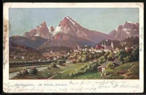 Künstler-AK Berchtesgaden, Ortsansicht mit Alpenpanorama