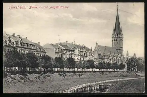 AK Pforzheim, Partie an der Nagoldstrasse mit Kirche
