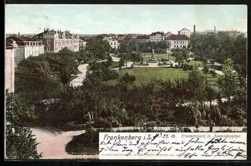 AK Frankenberg i. S., Blick über den Friedenspark und das Siegesdenkmal auf die Stadt