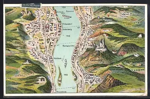 Künstler-AK Godesberg, Der Rhein mit Königswinter, Mehlem und Rolandseck