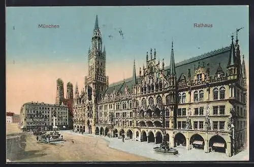 AK München, Rathaus mit Denkmal und Brunnen
