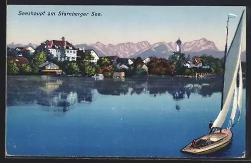 AK Seeshaupt am Starnberger See, Uferpartie mit Segelboot
