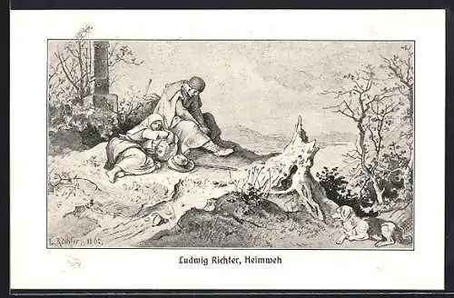 Künstler-AK Ludwig Richter: Heimweh, Paar am Wegrand